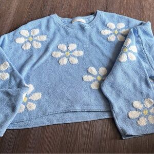 Moon & Madison Blue and White Cropped Crew Neck Sweater with Floral Design